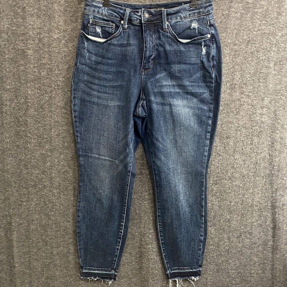 Judy Blue‎ Skinny Fit Jeans Womens 14W Blue Distressed Raw Hem High Rise Denim
